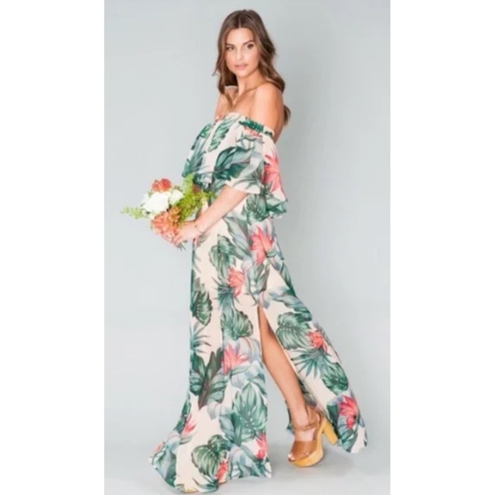Show Me Your MuMu Tropical Off-Shoulder Maxi Dress in Cream, Green, Pink
